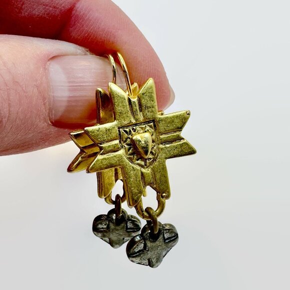 Heart Earrings, Cross, Mixed Metal Earrings, Vintage, Silver, Brass, Pierced - Picture 2 of 4